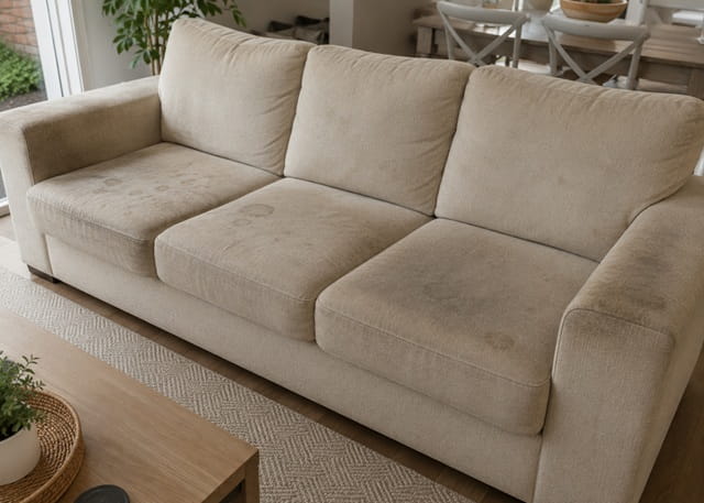 Dirty fabric couch before professional upholstery cleaning in a Perth home