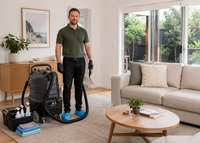 Perth upholstery cleaning specialist with extraction machine and products ready beside the sofa