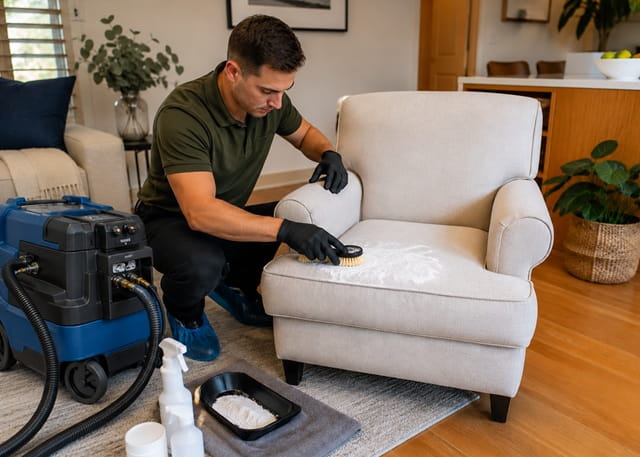 Low-moisture dry cleaning of a delicate natural-fibre armchair