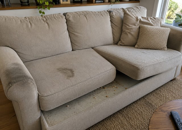 Worn fabric sofa with stains, darkened armrests and flattened cushions – signs it needs professional cleaning