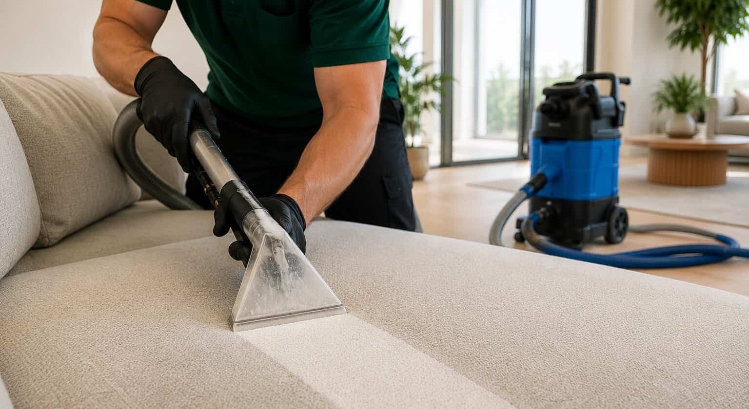Professional upholstery cleaning technician using hot water extraction to deep clean a fabric sofa in a modern Perth home