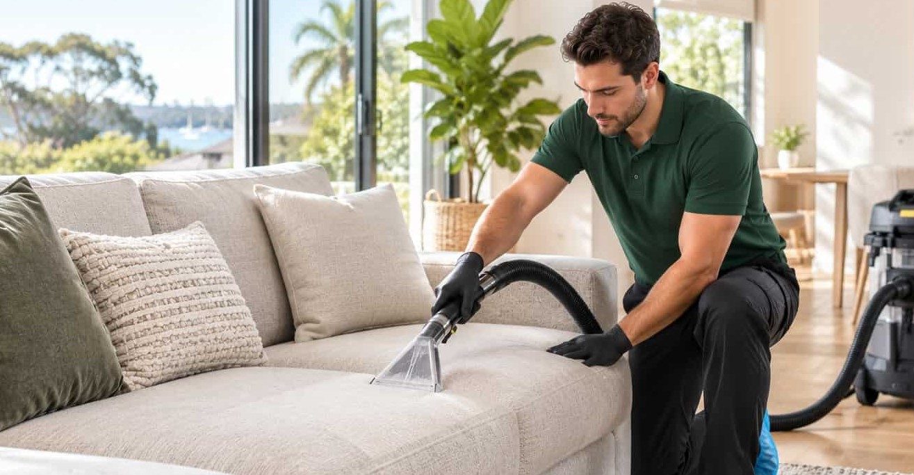 Professional upholstery cleaning technician steam cleaning a fabric sofa in a modern Sydney home using hot water extraction equipment