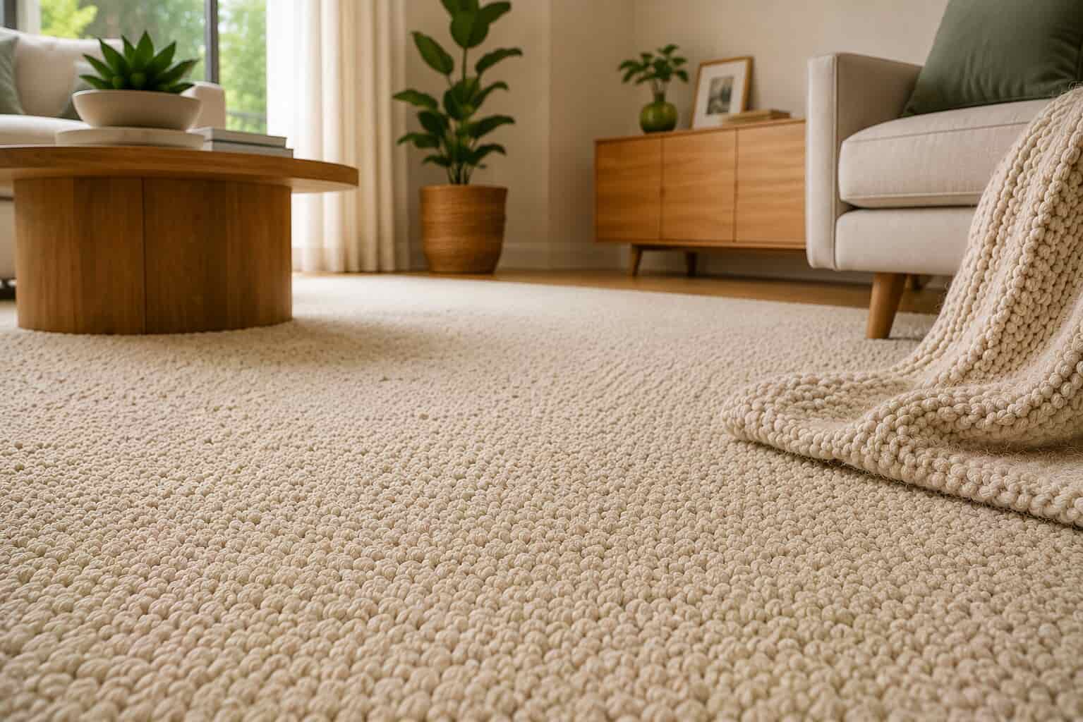 Close-up of a premium wool carpet in a bright modern Australian living room.